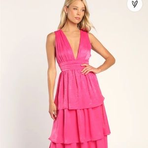 Lulus Peak Party Vibe Hot Pink Satin Tiered Tie-Back Midi Dress
